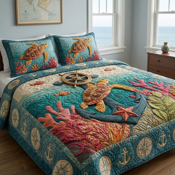 Anchor Reef quilted 3-piece bedding set on a made bed in a light coastal bedroom