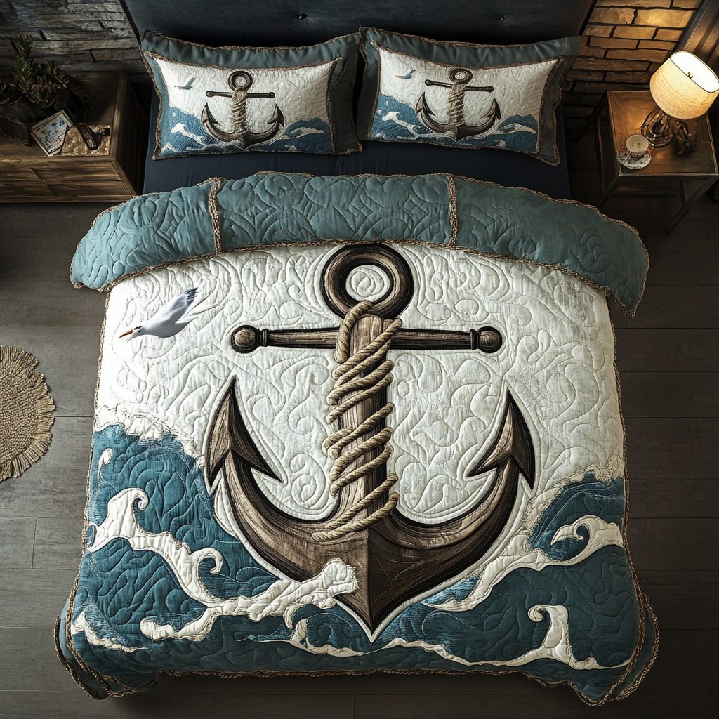 Anchor Serenity quilted 3-piece bedding set on a made bed in a light coastal bedroom
