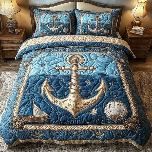 Anchor Voyage quilted 3-piece bedding set on a made bed in a light coastal bedroom