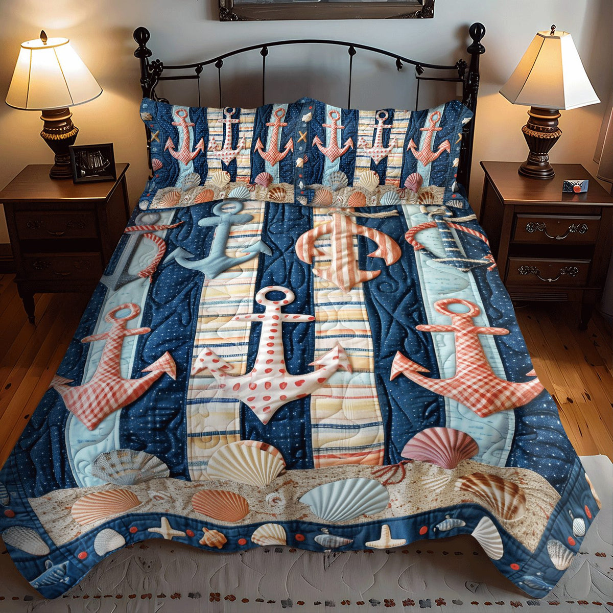 Anchored Bliss quilted 3-piece bedding set on a made bed in a light coastal bedroom