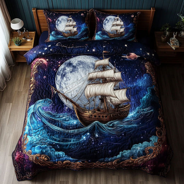 Anchored Elegance quilted 3-piece bedding set on a made bed in a light coastal bedroom