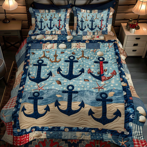 Anchored Serenity quilted 3-piece bedding set on a made bed in a light coastal bedroom