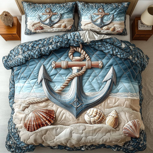Anchored Serenity quilted 3-piece bedding set on a made bed in a light coastal bedroom