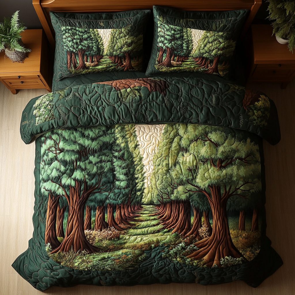 Ancient Branches quilted 3-piece bedding set on a made bed in a rustic timber bedroom