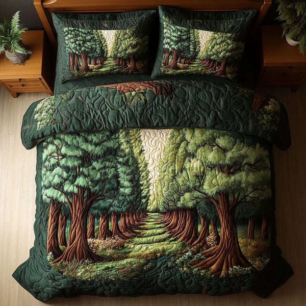 Ancient Branches quilted 3-piece bedding set on a made bed in a rustic timber bedroom