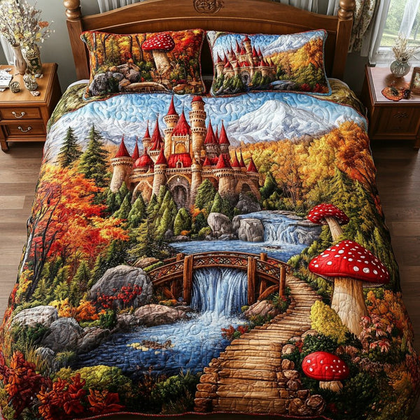 Ancient Castle quilted 3-piece bedding set on a made bed with two matching pillow shams