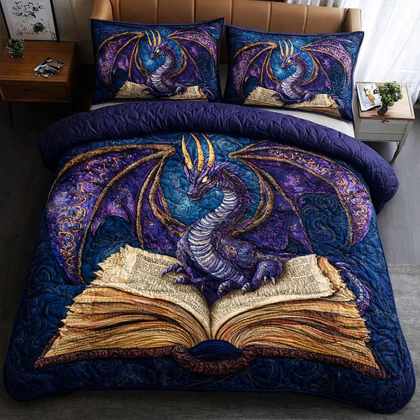 Ancient Dragon quilted 3-piece bedding set on a made bed with two matching pillow shams