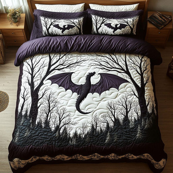 Ancient Dragon quilted 3-piece bedding set on a made bed with two matching pillow shams