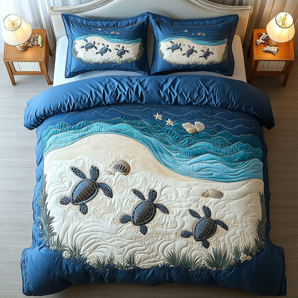 Ancient Glide quilted 3-piece bedding set on a made bed with two matching pillow shams