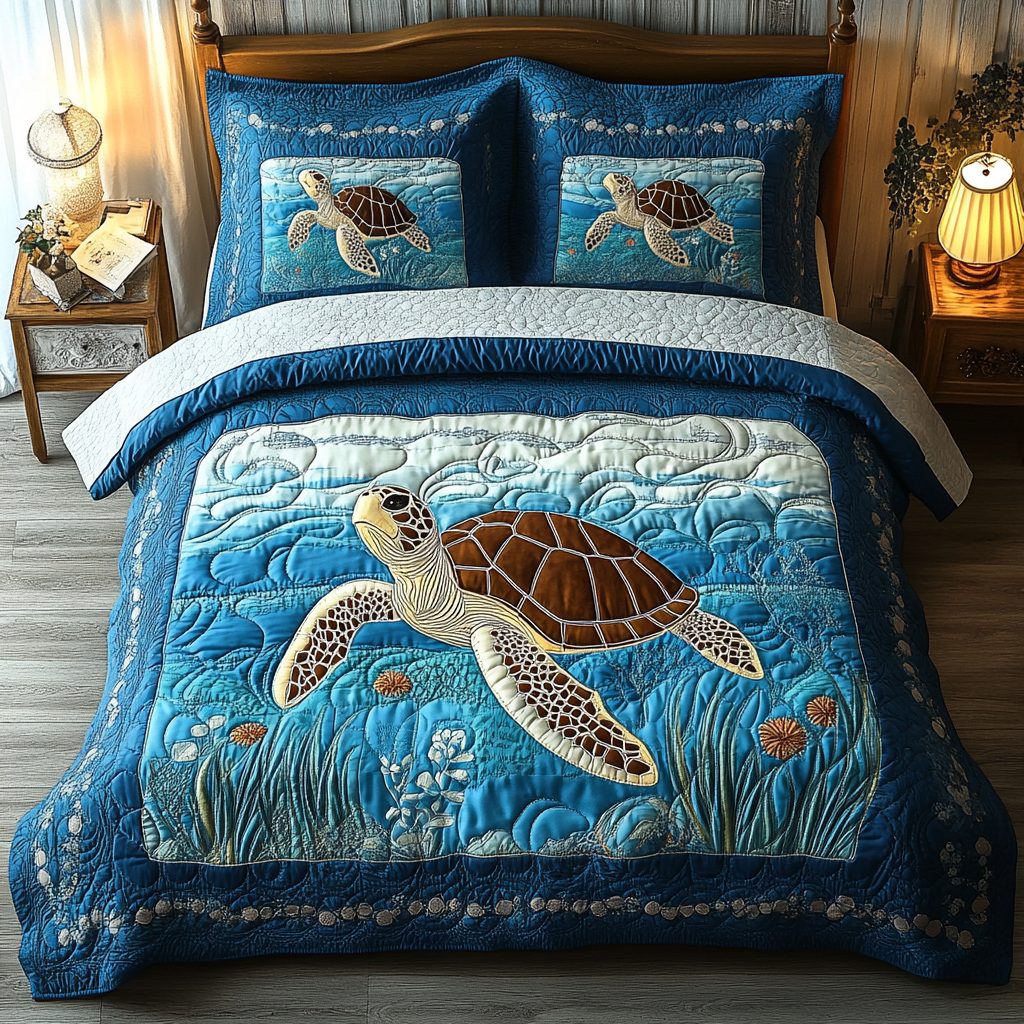 Ancient Glide quilted 3-piece bedding set on a made bed with two matching pillow shams