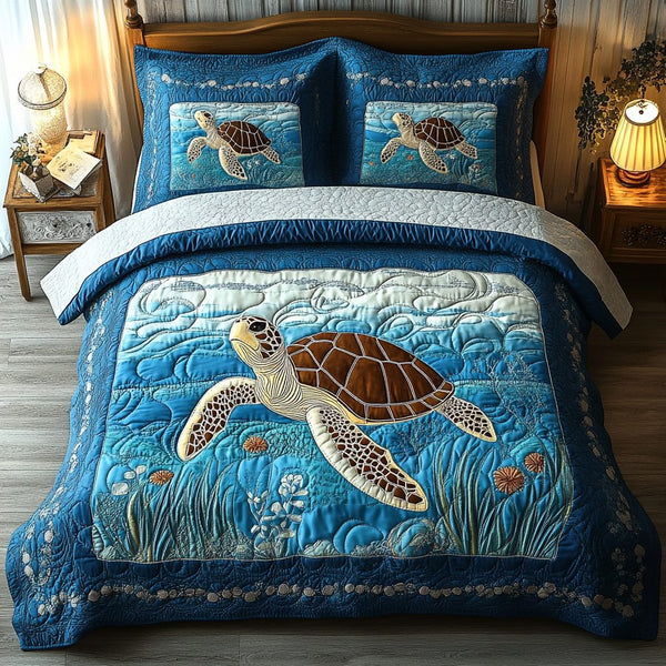 Ancient Glide quilted 3-piece bedding set on a made bed with two matching pillow shams