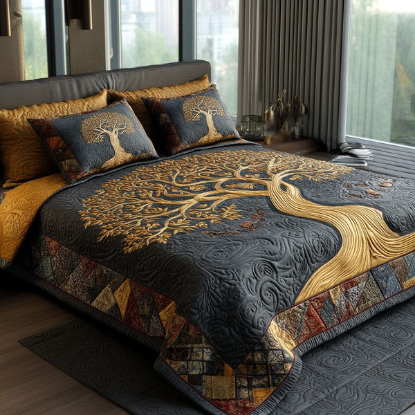 Ancient Grove quilted 3-piece bedding set on a made bed with two matching pillow shams