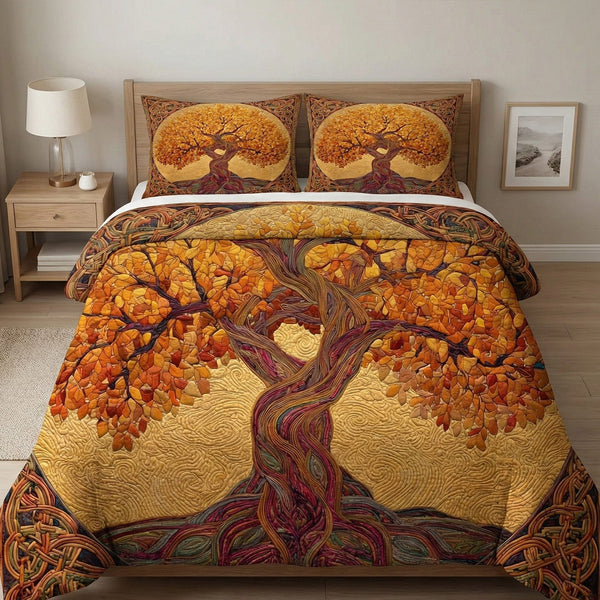 Ancient Growth quilted 3-piece bedding set on a made bed with two matching pillow shams