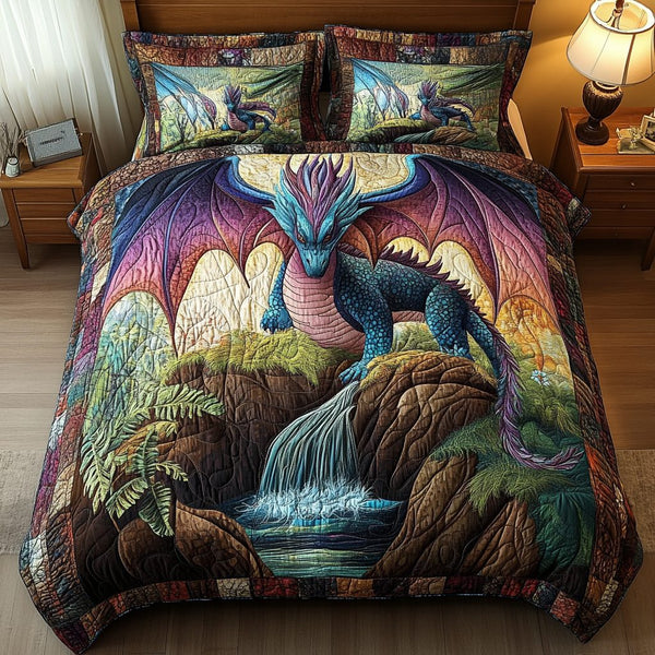 Ancient Guardian quilted 3-piece bedding set on a made bed with two matching pillow shams