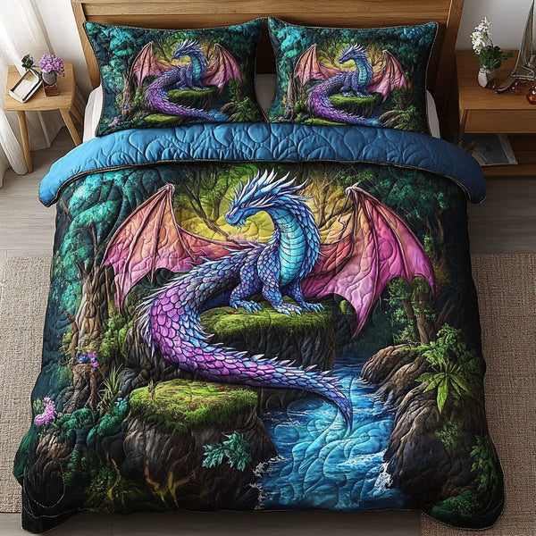 Ancient Guardian quilted 3-piece bedding set on a made bed with two matching pillow shams
