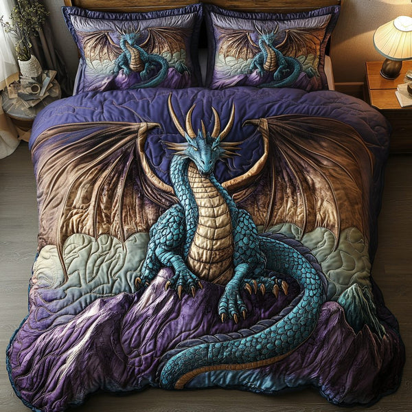 Ancient Guardian quilted 3-piece bedding set on a made bed with two matching pillow shams