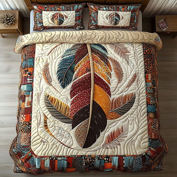 Ancient Guardian quilted 3-piece bedding set on a made bed with two matching pillow shams
