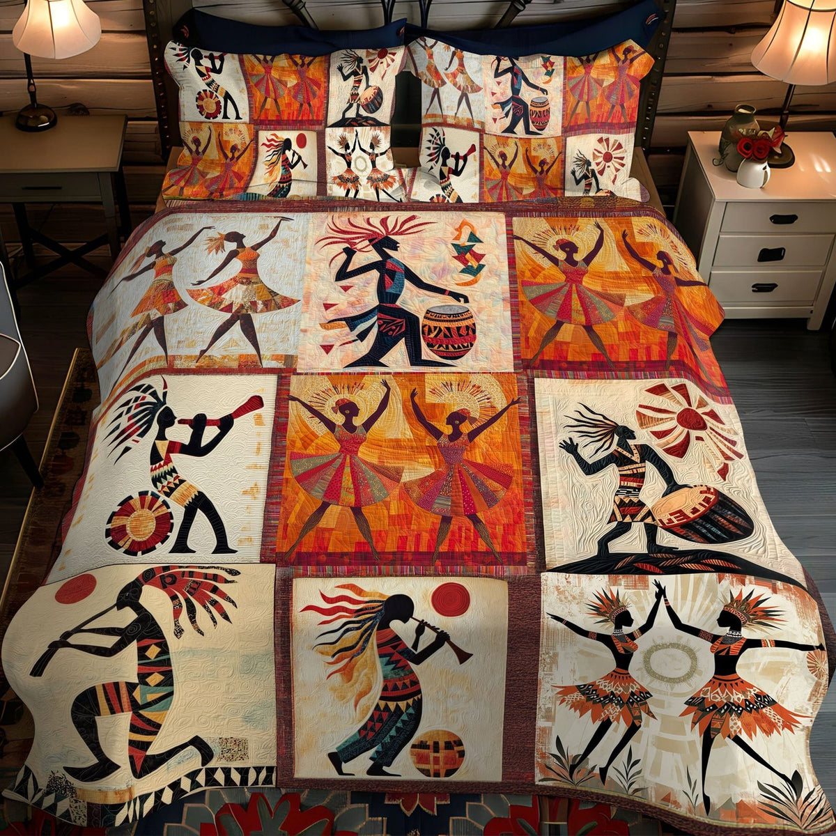 Ancient Guardians quilted 3-piece bedding set on a made bed with two matching pillow shams