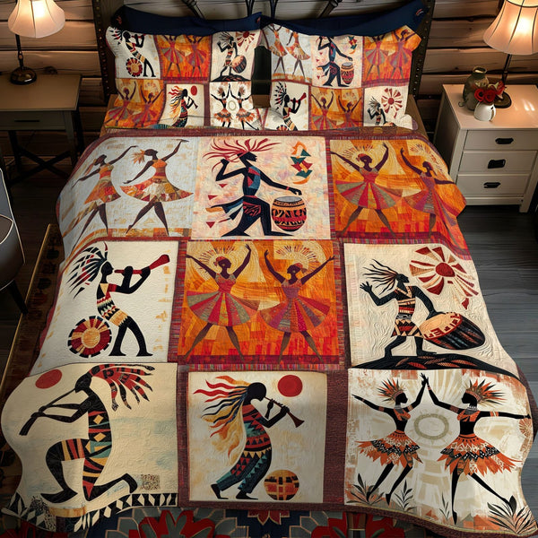 Ancient Guardians quilted 3-piece bedding set on a made bed with two matching pillow shams