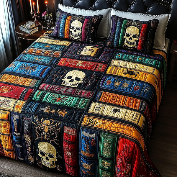 Ancient Library quilted 3-piece bedding set on a made bed with two matching pillow shams