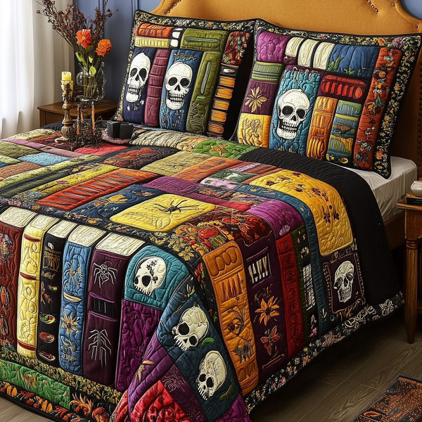 Ancient Library quilted 3-piece bedding set on a made bed with two matching pillow shams