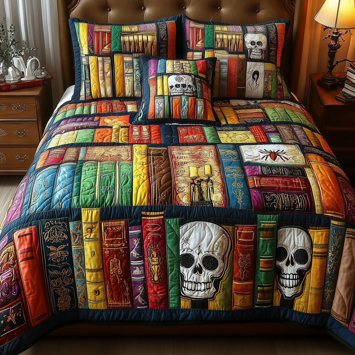 Ancient Library quilted 3-piece bedding set on a made bed with two matching pillow shams