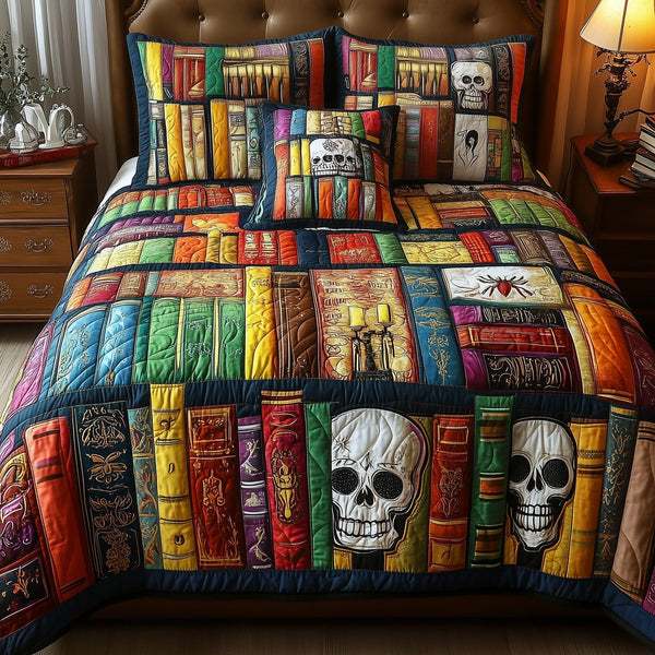 Ancient Library quilted 3-piece bedding set on a made bed with two matching pillow shams