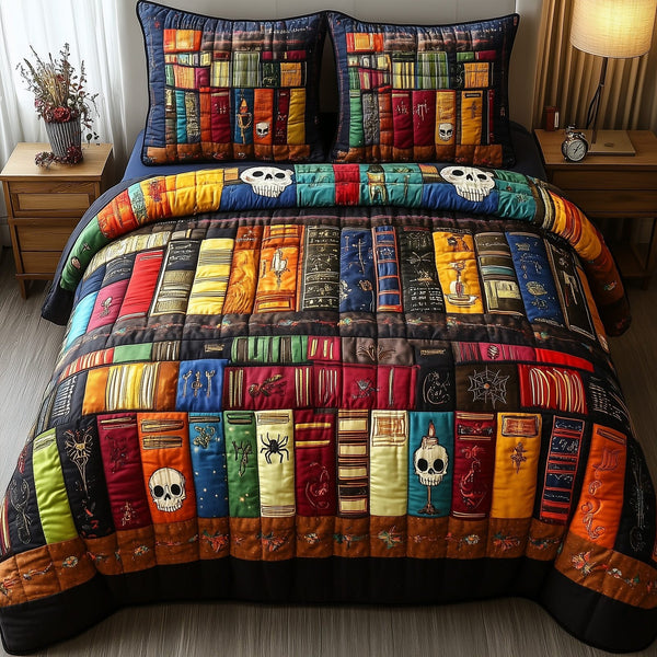 Ancient Library quilted 3-piece bedding set on a made bed with two matching pillow shams