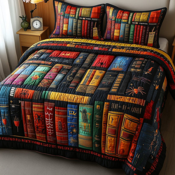 Ancient Library quilted 3-piece bedding set on a made bed with two matching pillow shams