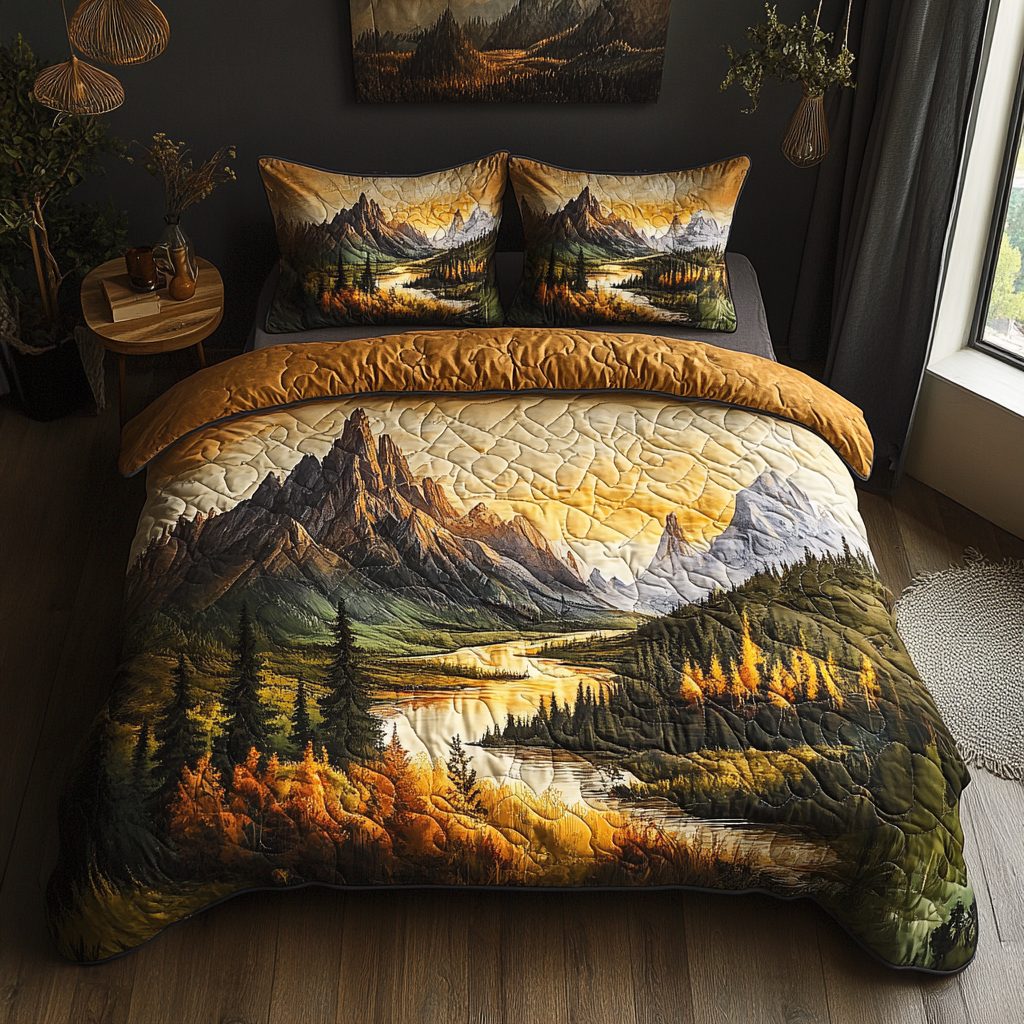 Ancient Mirage quilted 3-piece bedding set on a made bed with two matching pillow shams
