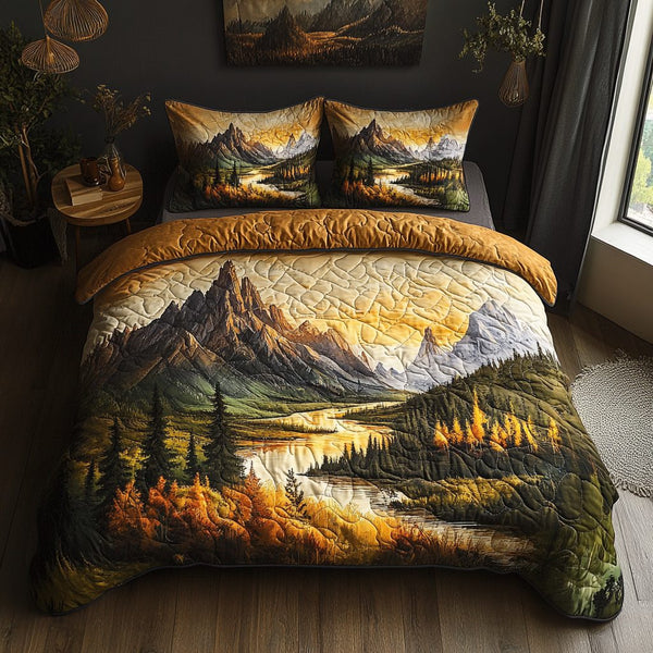 Ancient Mirage quilted 3-piece bedding set on a made bed with two matching pillow shams