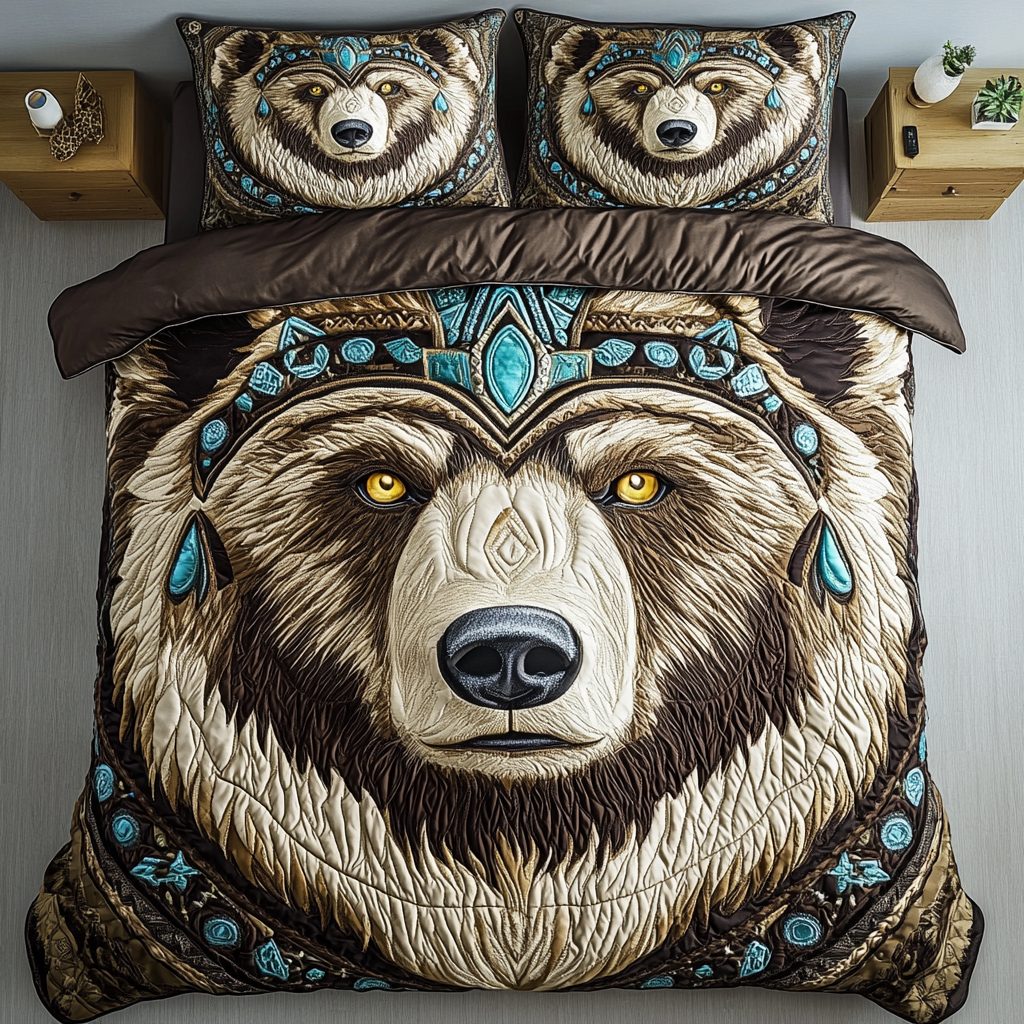Ancient Paw Trails quilted 3-piece bedding set on a made bed with two matching pillow shams