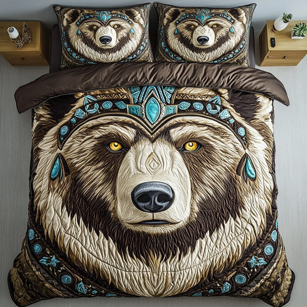Ancient Paw Trails quilted 3-piece bedding set on a made bed with two matching pillow shams