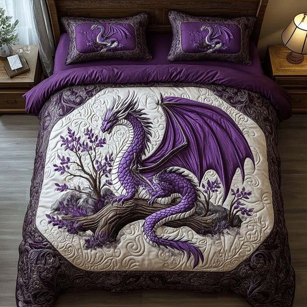 Ancient Roar quilted 3-piece bedding set on a made bed with two matching pillow shams