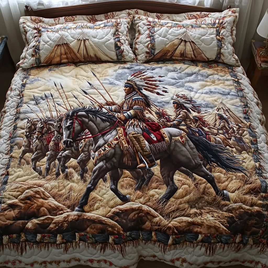 Ancient Roots quilted 3-piece bedding set on a made bed with two matching pillow shams