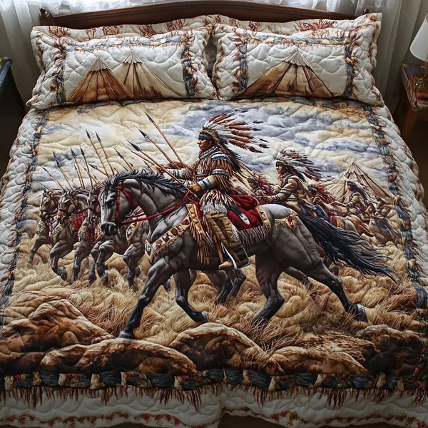 Ancient Roots quilted 3-piece bedding set on a made bed with two matching pillow shams