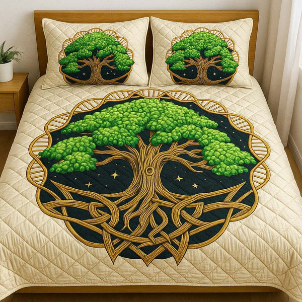 Ancient Roots quilted 3-piece bedding set on a made bed with two matching pillow shams