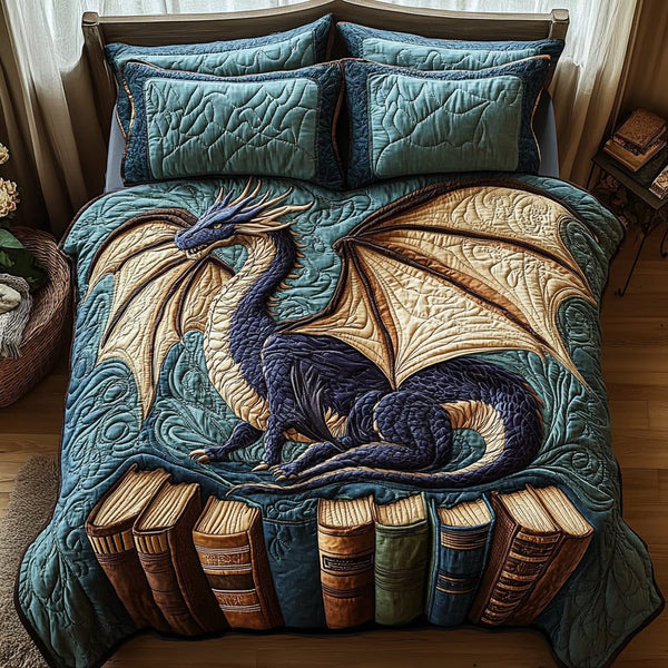 Ancient Scale Sentinel quilted 3-piece bedding set on a made bed with two matching pillow shams