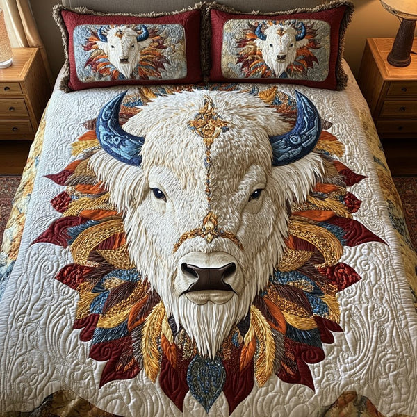 Ancient Strength quilted 3-piece bedding set on a made bed with two matching pillow shams