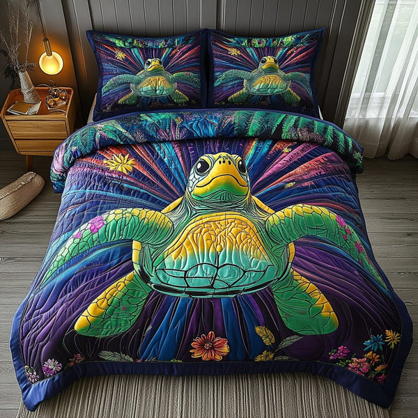 Ancient Swimmer quilted 3-piece bedding set on a made bed with two matching pillow shams