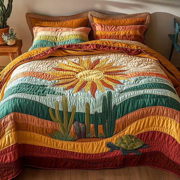 Ancient Trail quilted 3-piece bedding set on a made bed with two matching pillow shams