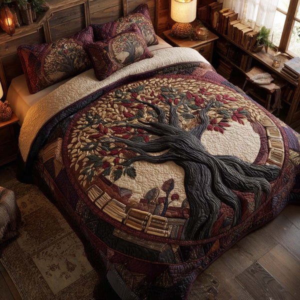 Ancient Tree Library quilted 3-piece bedding set on a made bed with two matching pillow shams