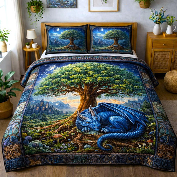 Ancient Tree quilted 3-piece bedding set on a made bed with two matching pillow shams