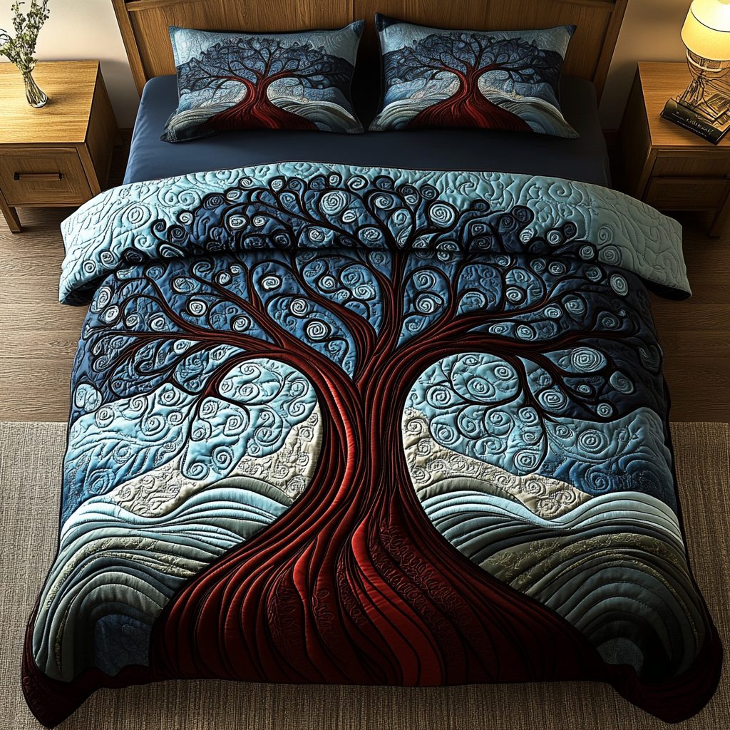 Ancient Tree quilted 3-piece bedding set on a made bed with two matching pillow shams