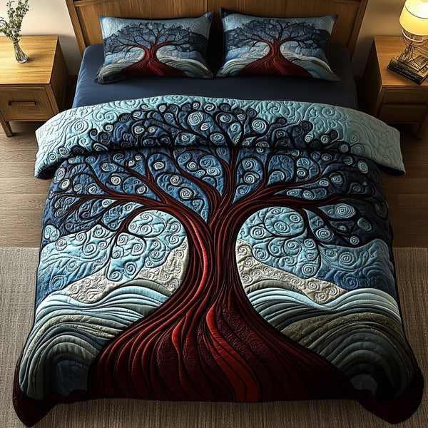 Ancient Tree quilted 3-piece bedding set on a made bed with two matching pillow shams