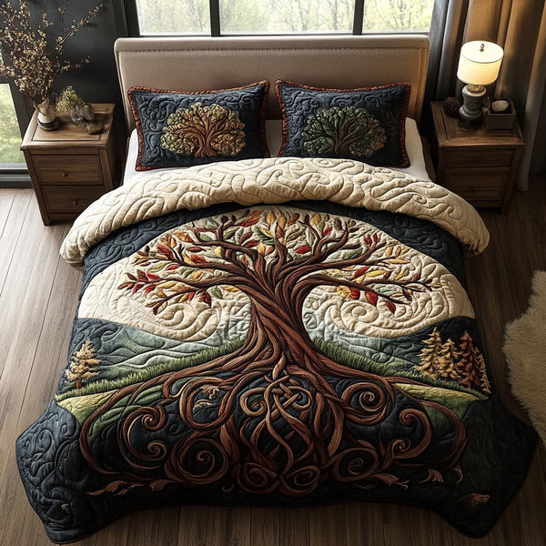 Ancient Tree quilted 3-piece bedding set on a made bed with two matching pillow shams