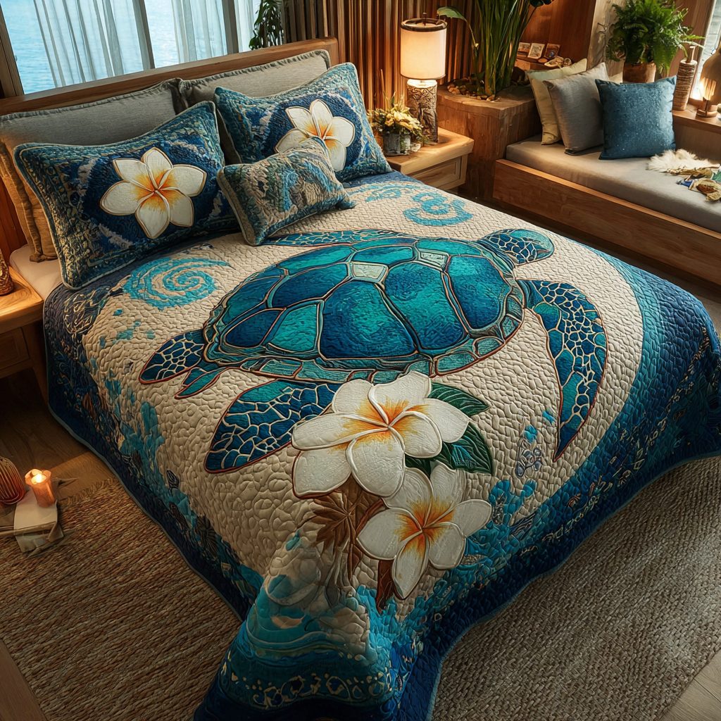 Ancient Turtle quilted 3-piece bedding set on a made bed in a light coastal bedroom