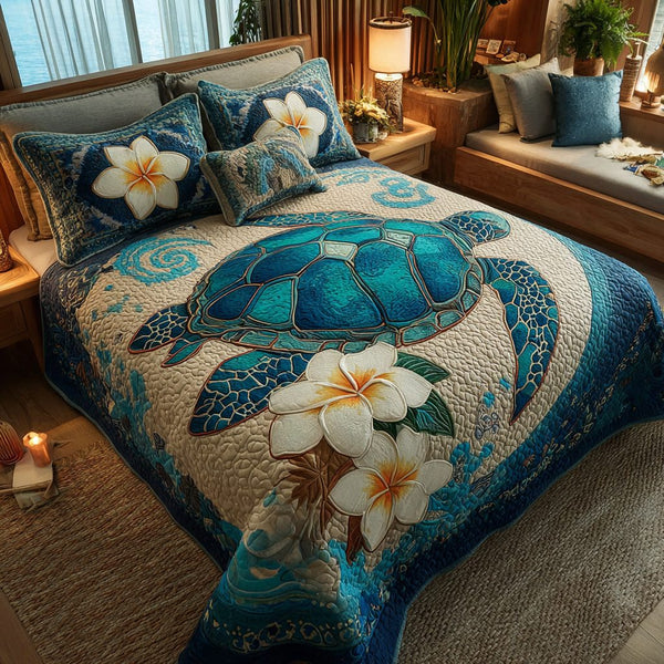 Ancient Turtle quilted 3-piece bedding set on a made bed in a light coastal bedroom