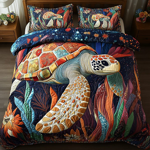 Ancient Voyager quilted 3-piece bedding set on a made bed with two matching pillow shams