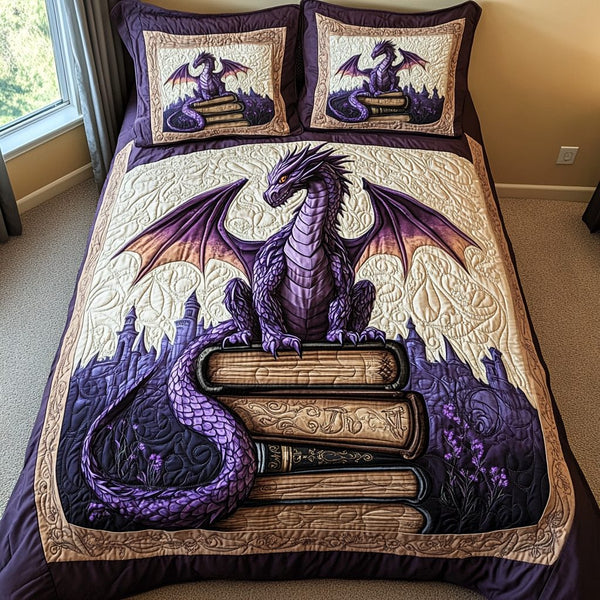 Ancient Watcher quilted 3-piece bedding set on a made bed with two matching pillow shams
